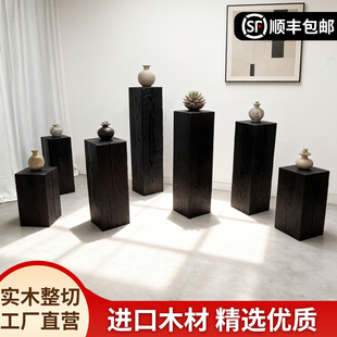 树桩创意实木家用矮凳边角几 侘寂风碳化方形原木墩子民宿摆件欧式