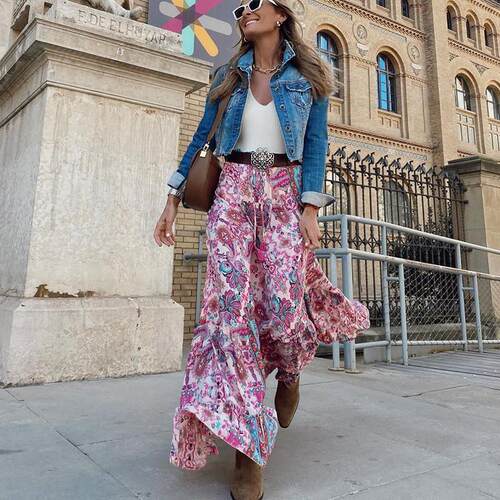 Summer High Waist Long Printed ALine Skirt Floral Skirt Wom