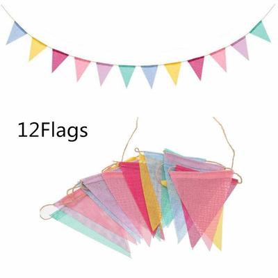 12 Flags Colorful Jute Linen Flags Pennant Birthday Bunting