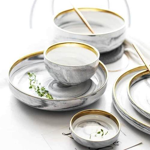 Marble  gilt ceramic western tableware set, bowl, plate