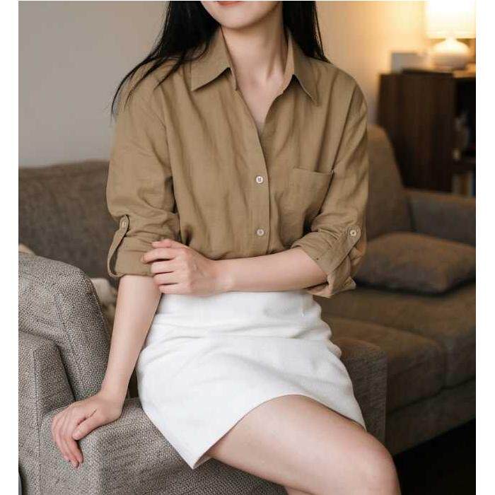 老钱风棉麻V领宽松显瘦衬衫女
