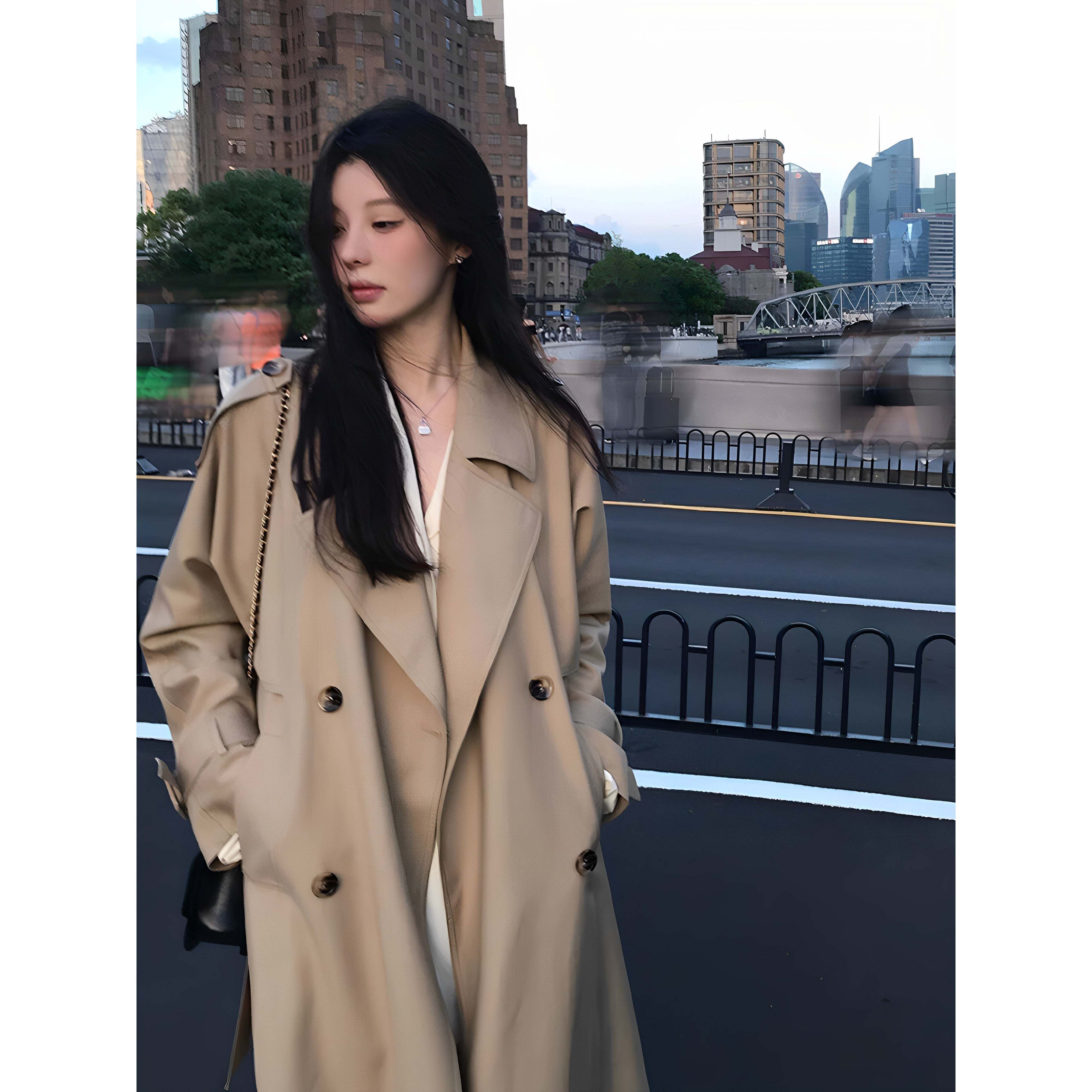 卡其色大翻领风衣外套女春秋季新款英伦风收腰绑带气质中长款大衣