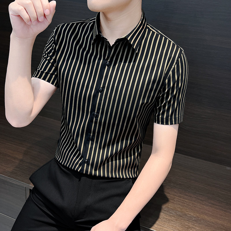 条纹衬衫男士短袖夏季薄款冰丝男装2026新款高档商务男式衬衣男款