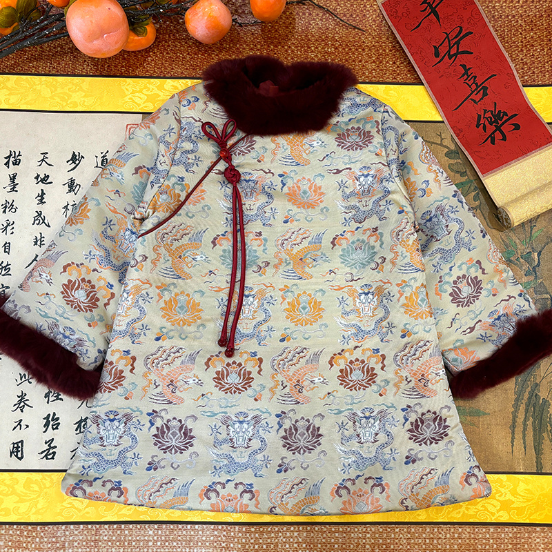龙凤穿莲丨25年冬季新款女童过年拜年服织锦缎獭兔毛领加棉旗袍裙