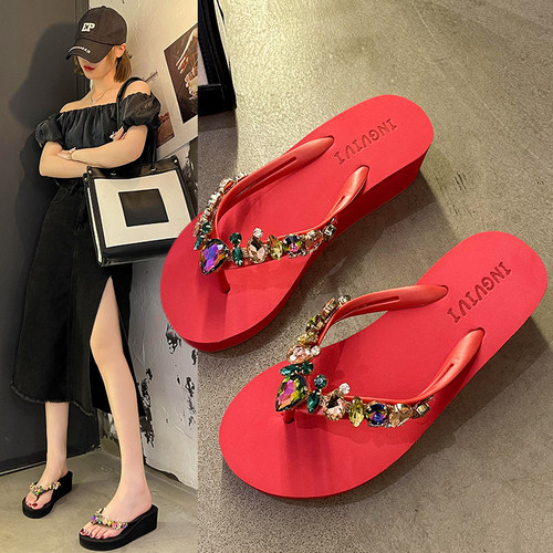 INGVIVI水钻女人字拖坡跟水滴钻