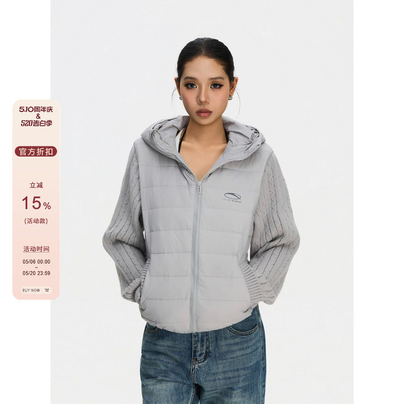 F383 美式复古连帽拼接针织长袖羽绒服男女高级感休闲百搭外套ins