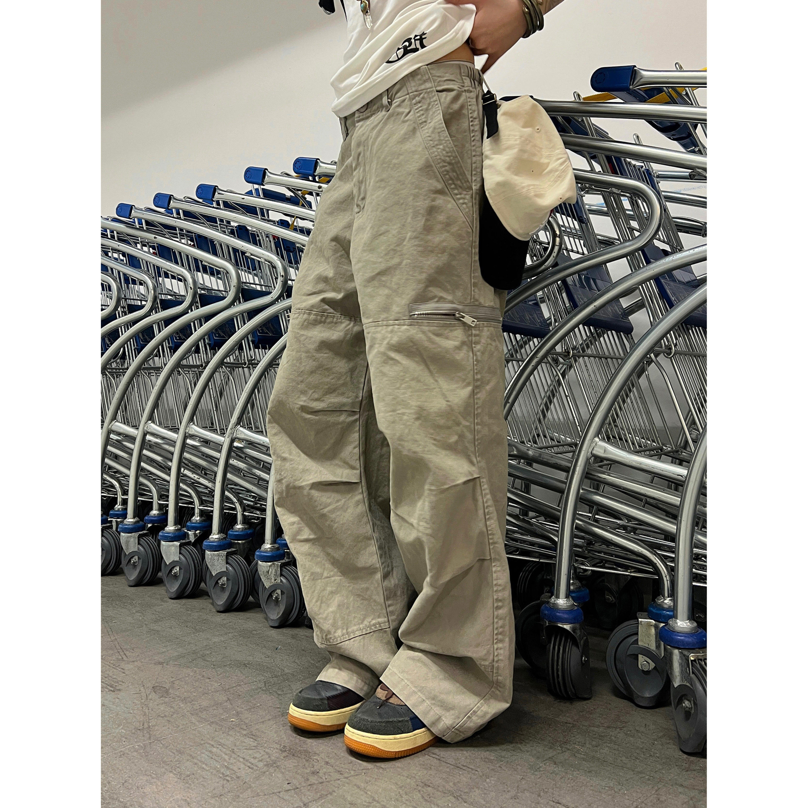 F383 2026美式复古水洗工装裤拉链口袋褶皱设计宽松直筒百搭男女
