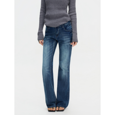 F383辣妹深蓝低腰竹节纹牛仔裤