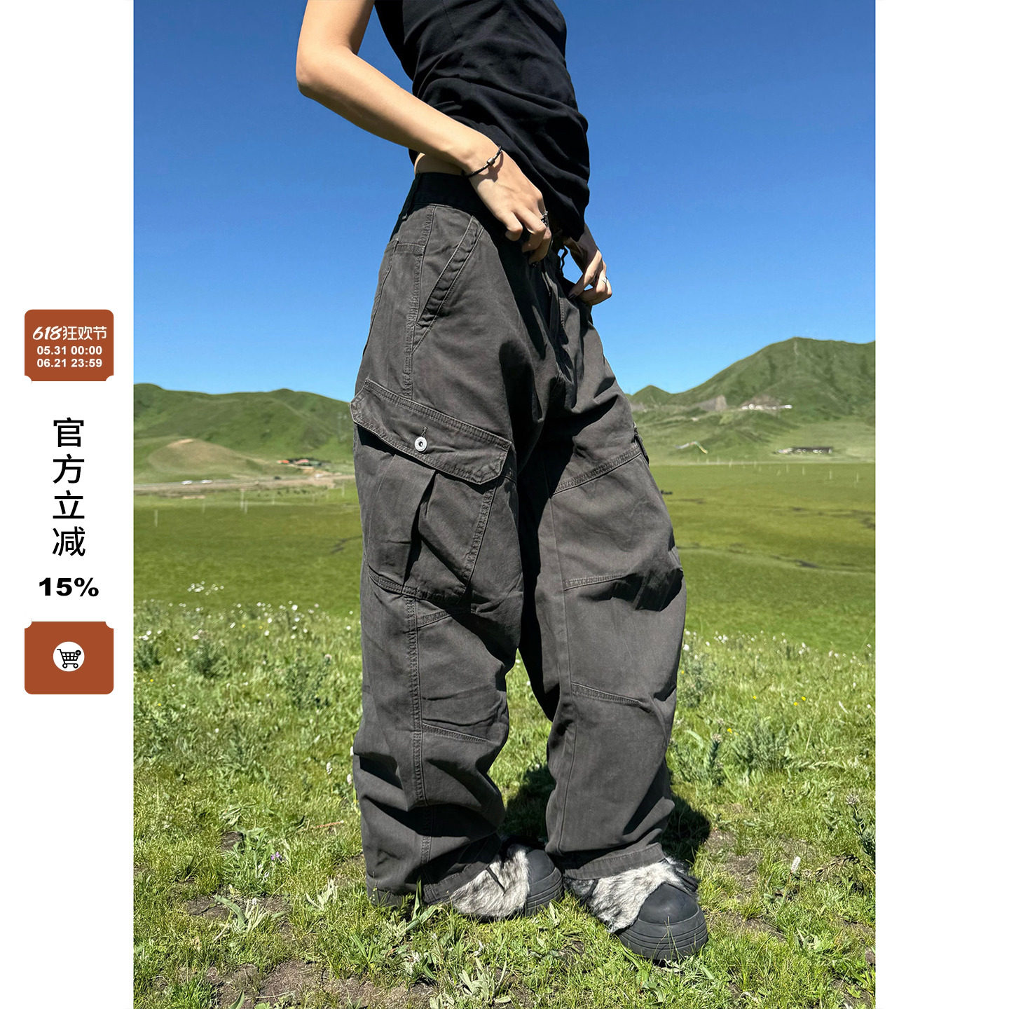 F383 美式复古解构设计感弯刀休闲裤男女宽松廓形多口袋工装裤潮