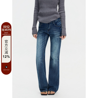 F383辣妹深蓝低腰竹节纹牛仔裤