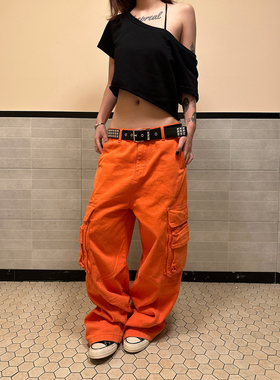 F383 美式复古立体多口袋阔腿工装裤男女设计感街头宽松拖地长裤