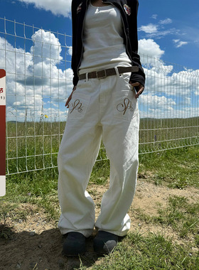 F383 美式复古刺绣水洗弯刀牛仔裤设计感直筒休闲阔腿百搭长裤潮