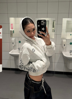 F383 美式复古哥特风字母印花短款开衫卫衣秋季辣妹休闲百搭长袖