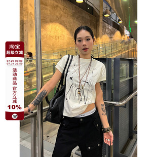 修身 F383 圆领正肩短袖 美式 显瘦百搭上衣女ins 复古喷墨字母短款