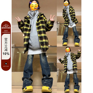 格纹夹棉保暖毛呢外套撞色休闲男女 新款 F383 2022AW国潮原创冬季