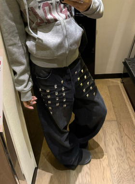 F383 美式复古水洗铆钉阔腿牛仔裤男女宽松休闲百搭潮流拖地长裤