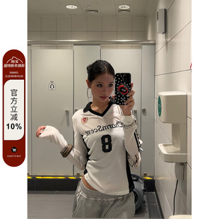 显瘦修身 复古运动球衣T恤字母印花撞色v领防晒长袖 辣妹 美式 F383