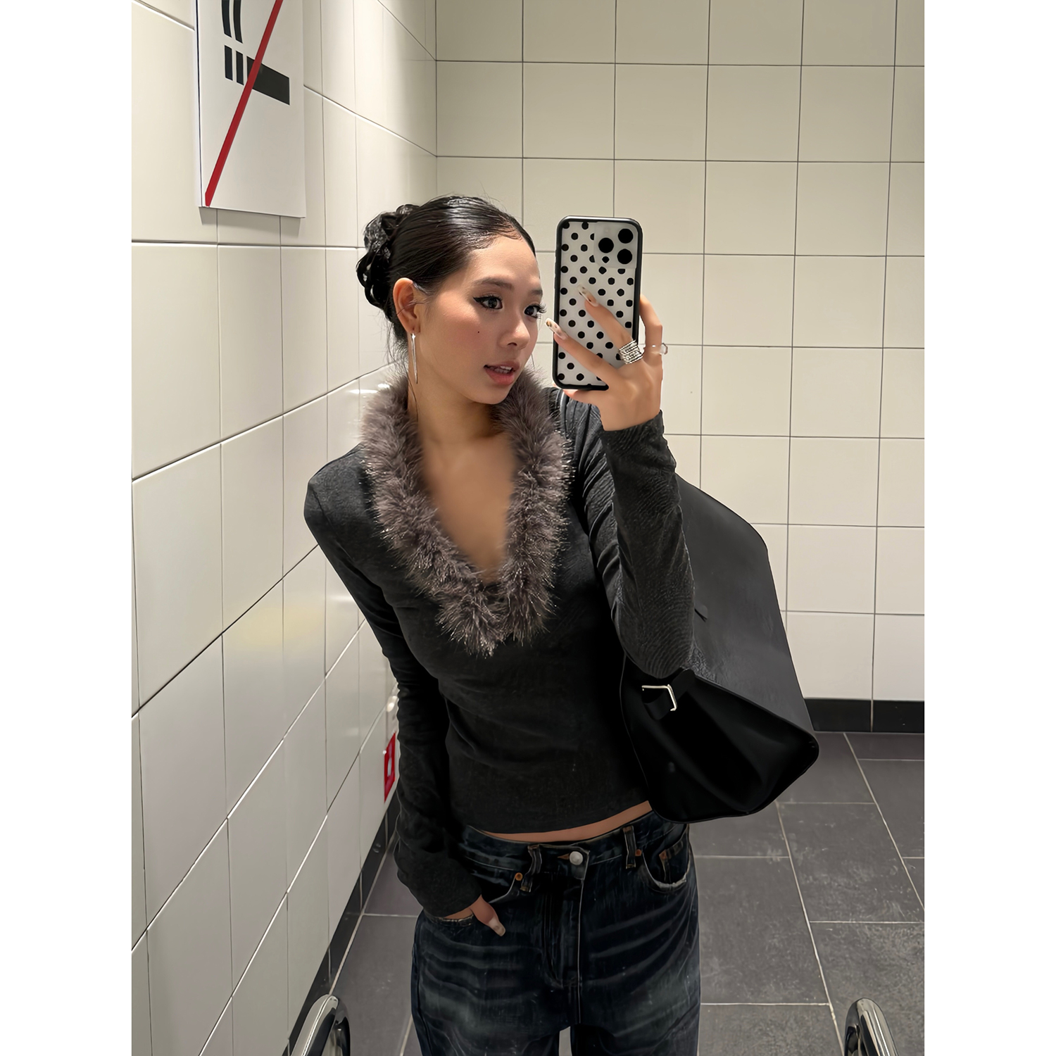 F383美式复古高级感毛毛V领长袖