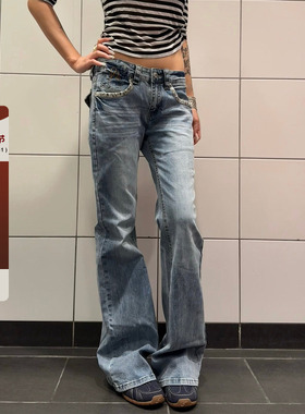 F383 美式复古豹纹拼接水洗牛仔裤女设计感百搭直筒修身显瘦长裤