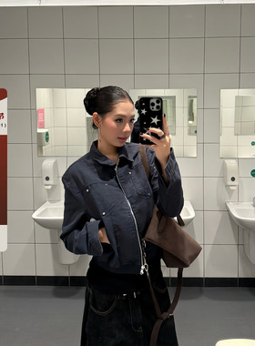 F383 美式复古铆钉短款夹克高级质感翻领外套女辣妹休闲百搭上衣