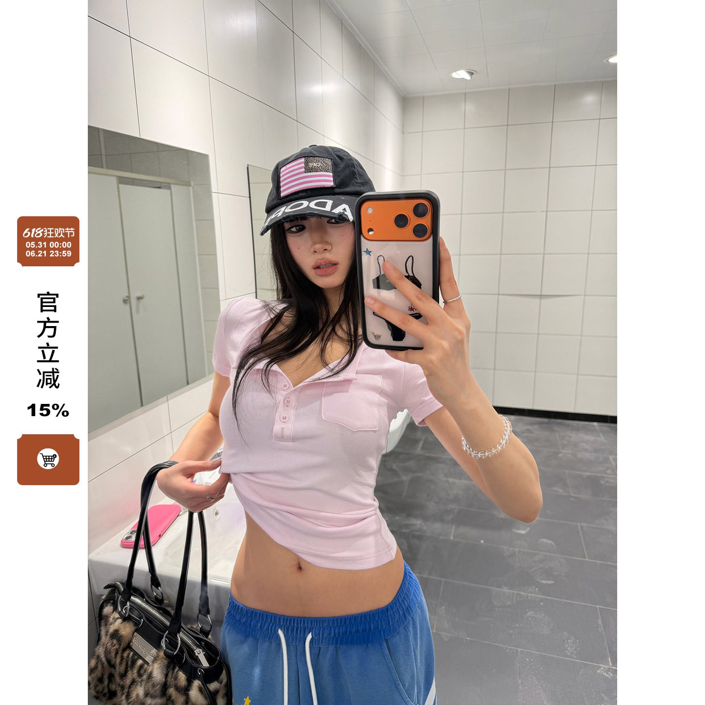 F383 美式复古半开扣纯色简约亨利领短袖T恤女夏修身显瘦百搭上衣
