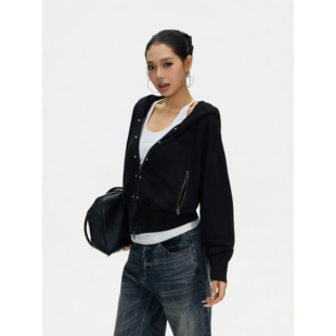 宽松双拉链开衫 F383 卫衣女短款 复古vintage铆钉连帽长袖 外套 美式