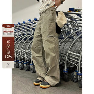 F383 2026美式复古水洗工装裤拉链口袋褶皱设计宽松直筒百搭男女