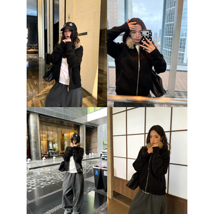 外套女秋季 复古可拆卸毛领针织开衫 简约慵懒风宽松毛衣 美式 F383