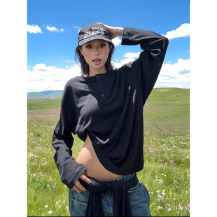 T恤披肩慵懒风宽松休闲上衣男女 复古围脖拼接亨利领长袖 F383 美式