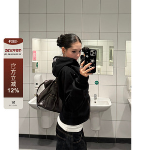 F383 美式复古短款连帽卫衣刺绣设计女秋修身显瘦长袖拉链外套ins