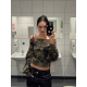 卫衣女百搭休闲设计感斜肩上衣秋冬ins 复古水洗迷彩短款 F383 美式
