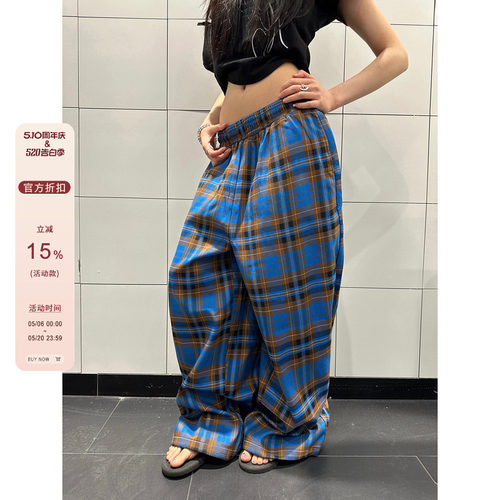 F383拼色格子抽绳休闲裤