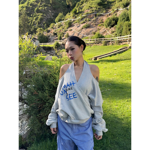 F383 复古字母印花设计卫衣女挂脖露肩宽松设计感小众上衣ins 美式