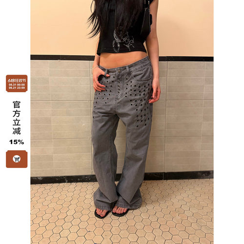 F383镂空铆钉设计感牛仔裤