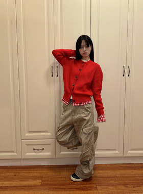 F383 2024假两件红色毛衣撞色格纹针织开衫外套百搭设计感毛衣ins