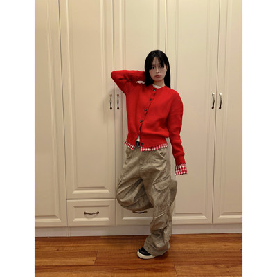 【F383】圆领拼接格纹毛衣