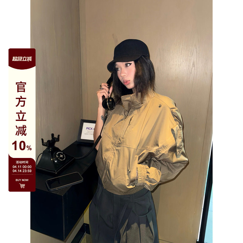 F383 美式复古酷飒风短款立领夹克外套女设计感高级感小众风衣ins