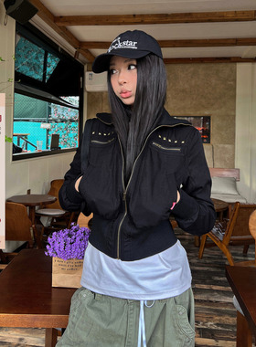 F383 2025美式复古辣妹翻领收腰短款开衫外套vintage修身百搭上衣