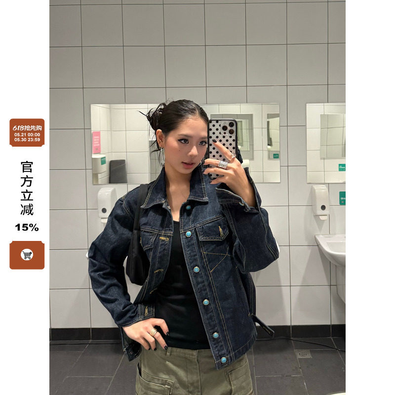 F383 美式复古解构质感定制仿绿松石牛仔外套男女宽松百搭上衣ins