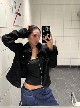 F383 美式复古短款毛领拉链外套袖子毛毛设计修身百搭显瘦女ins