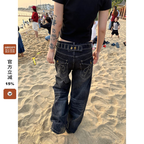 F383 美式复古巴黎扣设计竹节牛仔裤男女水洗直筒宽松百搭长裤ins