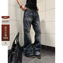 F383 美式复古cleanfit猫须闪电纹做旧牛仔裤男女直筒vibe裤子ins