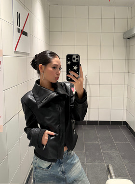 F383 美式复古拼接翻领斜边拉链修身显瘦百搭皮革夹克短外套女ins