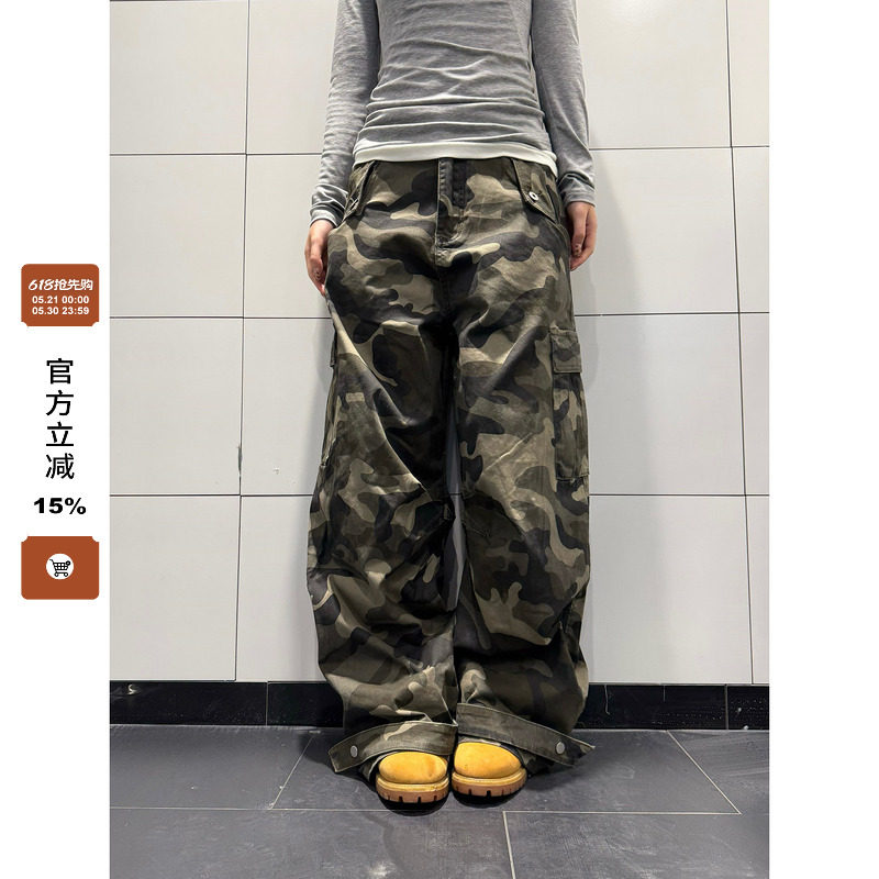 F383 美式复古设计感迷彩工装裤男女高街宽松直筒阔腿弯刀长裤ins