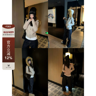 F383 美式复古慵懒麻花毛领连帽针织毛衣开衫修身显瘦保暖上衣ins