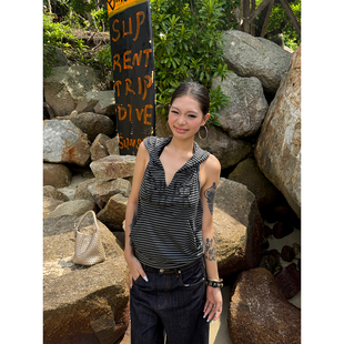 T恤休闲凉快小众背心女辣妹款 复古条纹半露背连帽短袖 夏 美式 F383