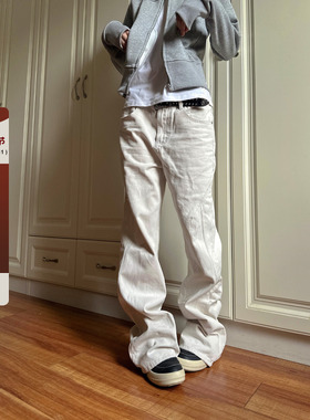 F383 2025美式复古修身直筒显瘦百搭米白色线条休闲牛仔裤男女ins