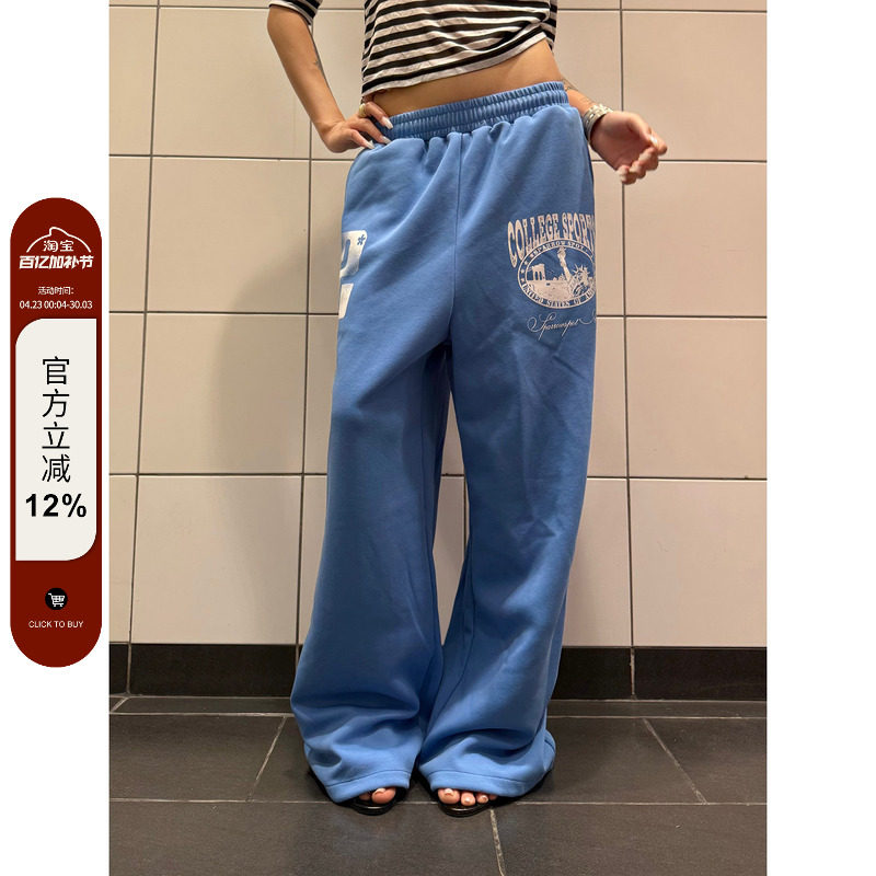 F383 美式复古蓝色印花垂感阔腿卫裤男女宽松休闲百搭拖地长裤ins