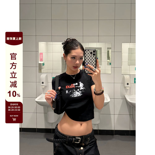 【F383】短款修身乐队印花短袖