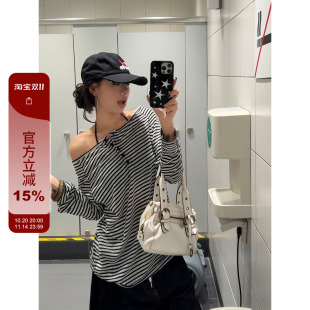 辣妹打底衫 F383 上衣女显瘦薄款 复古高级感条纹撞色防晒长袖 美式